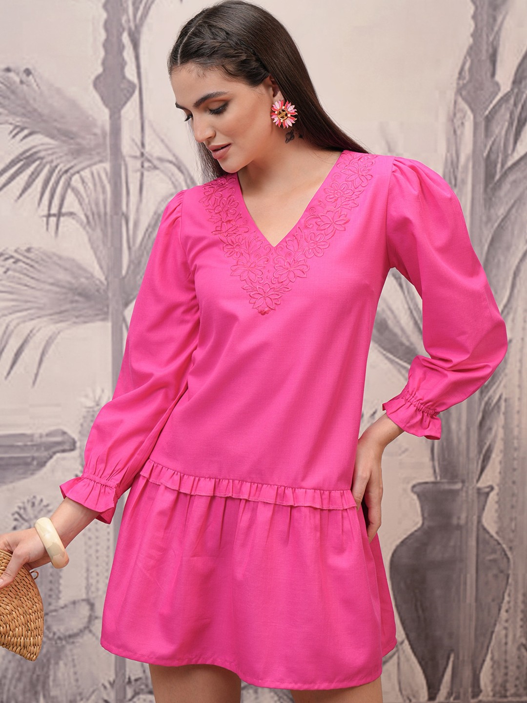 

Vishudh Flared Sleeve Drop-Waist Dress, Magenta