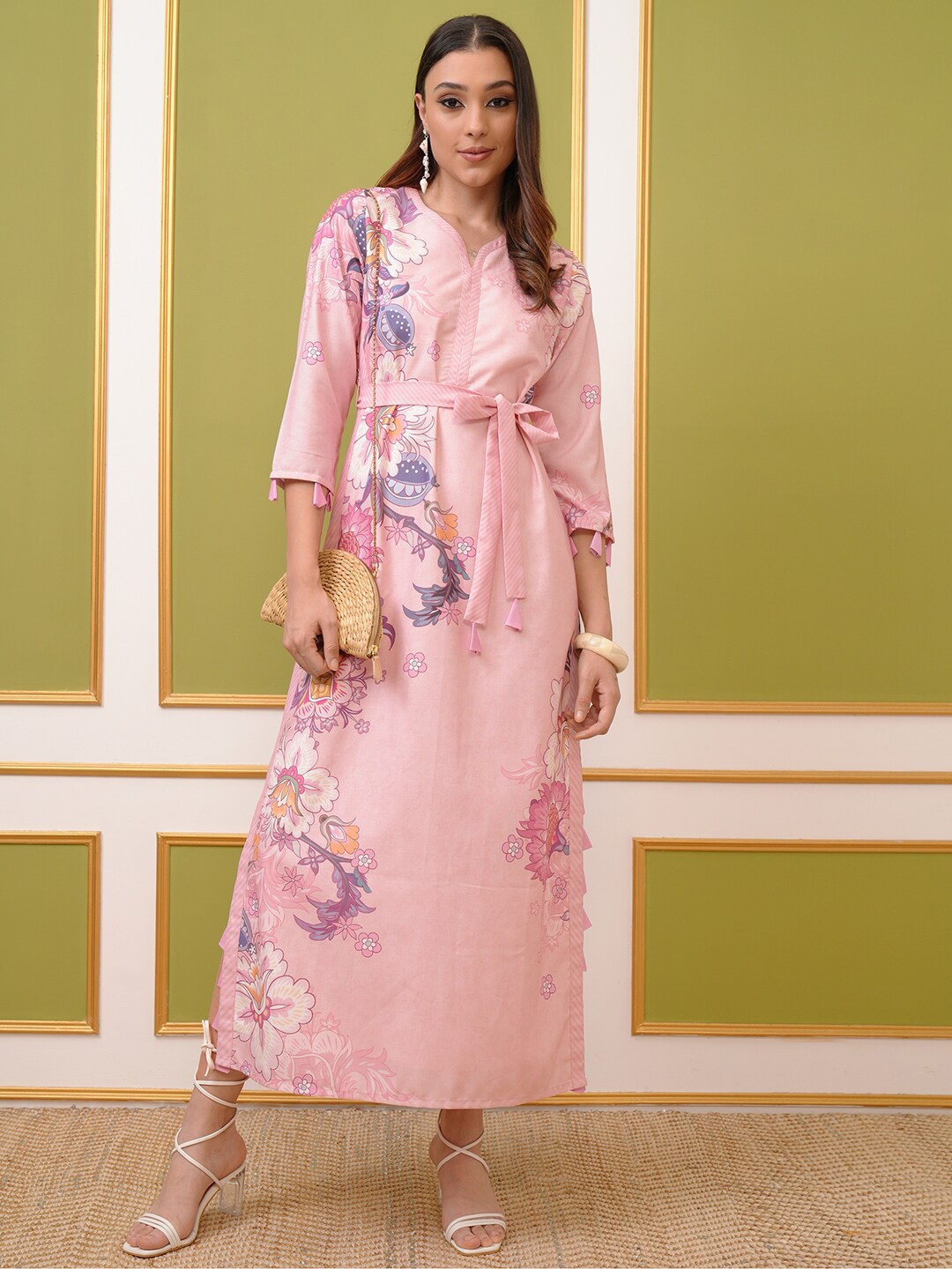 

Vishudh Pink Floral Printed V-Neck Tie Up Maxi Dress