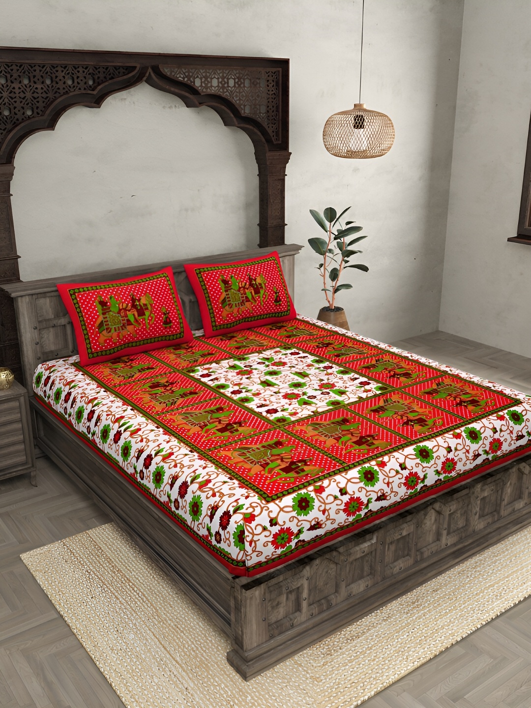 

JAIPUR FABRIC Red & Green Floral 120 TC Cotton King Bedsheet With 2 Pillow Covers