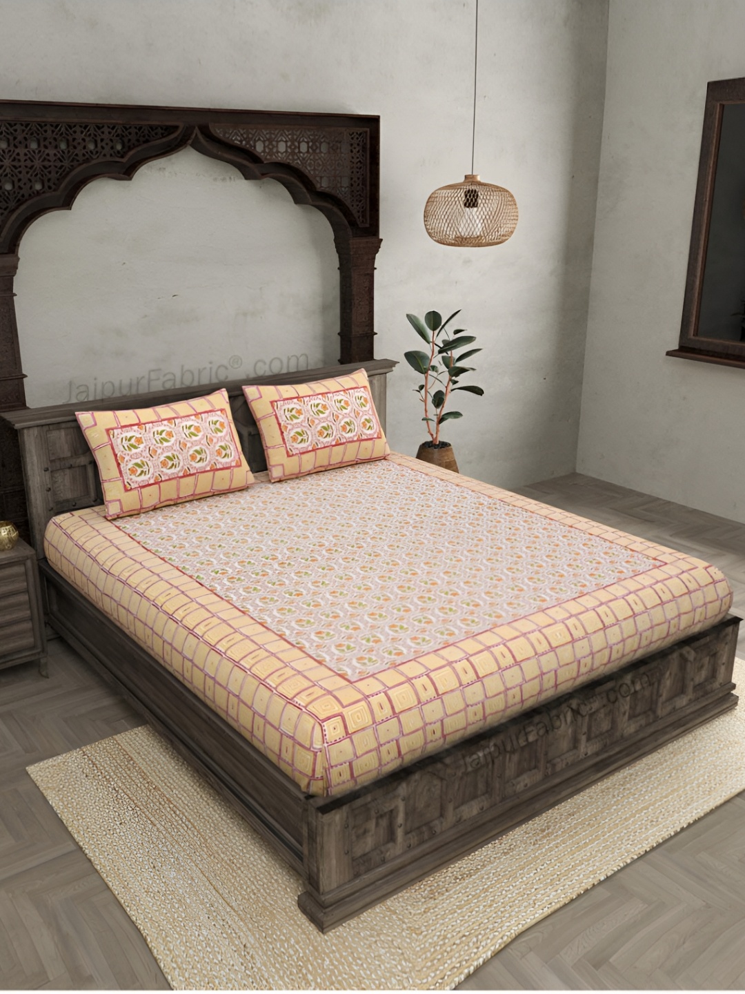 

JAIPUR FABRIC White & Green Floral Cotton 120 TC King Bedsheet with 2 Pillow Covers