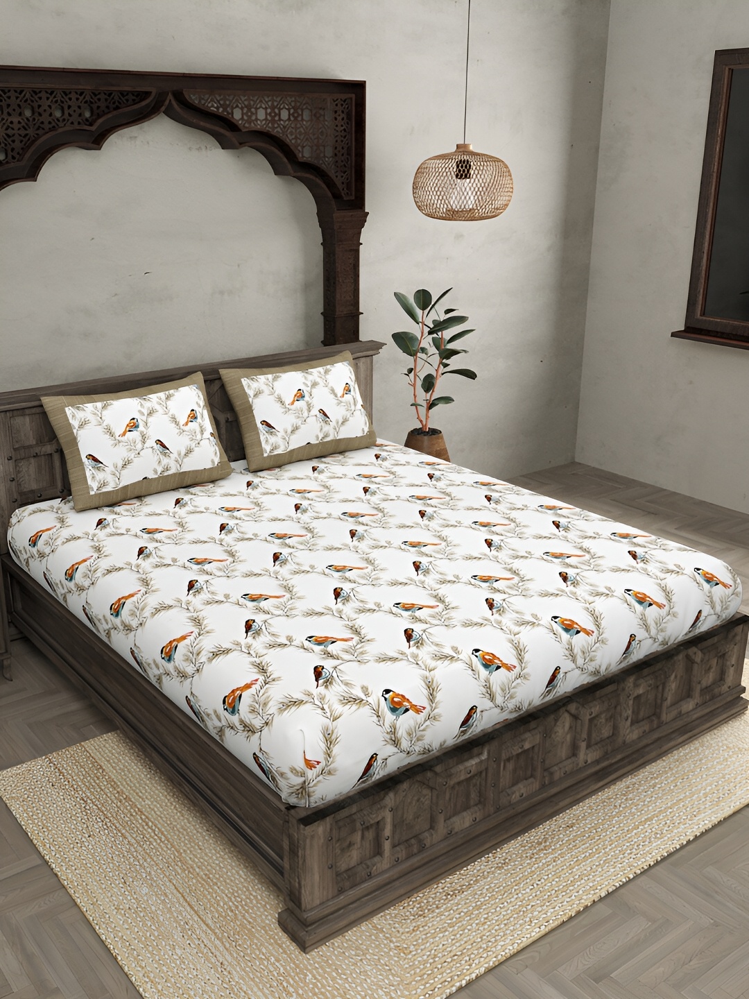

JAIPUR FABRIC White & Green Floral 250 TC Cotton King Bedsheet With 2 Pillow Covers