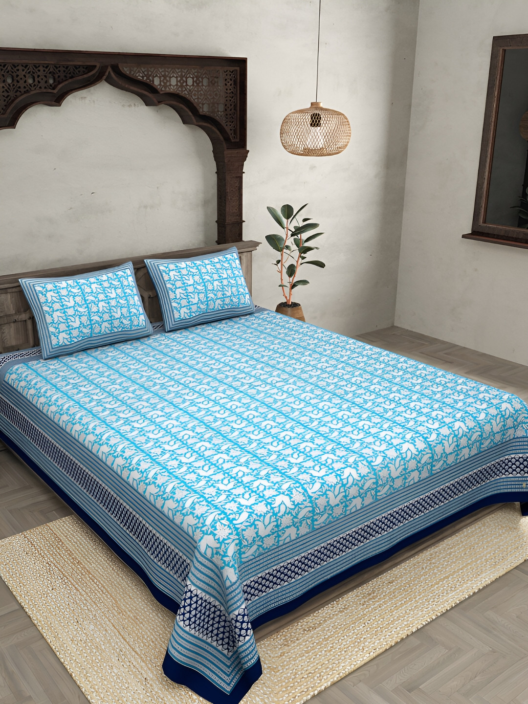 

JAIPUR FABRIC Blue & White Floral 250 TC Cotton King Bedsheet With 2 Pillow Covers