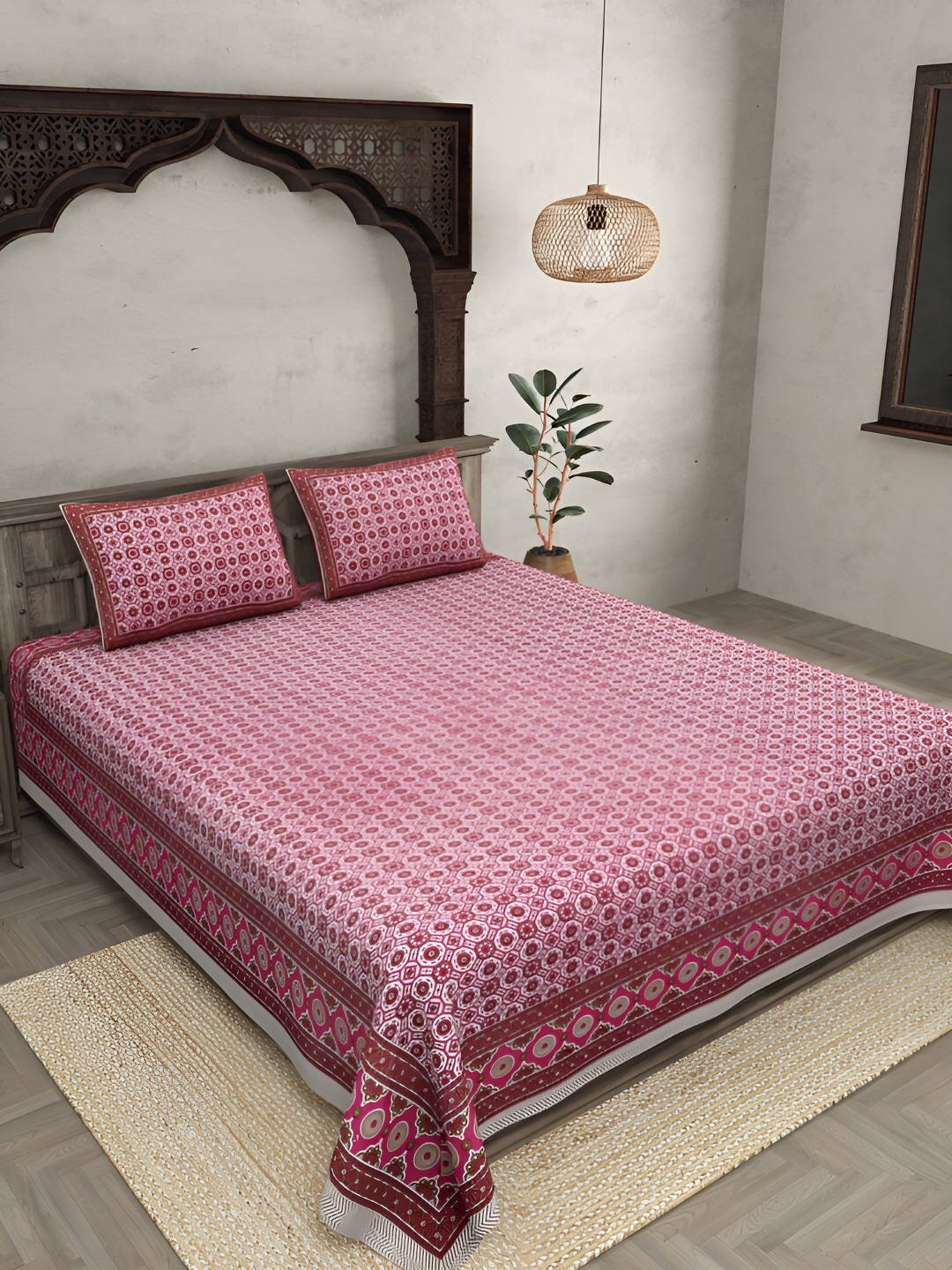 

JAIPUR FABRIC Red & White Floral 250 TC Pure Cotton King Bedsheet with 2 Pillow Covers