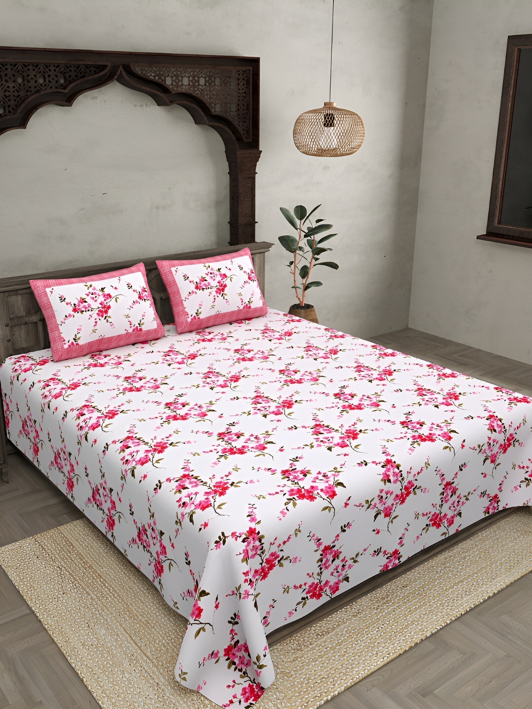 

JAIPUR FABRIC White & Pink Floral Pure Cotton 250 TC King Bedsheet with 2 Pillow Covers