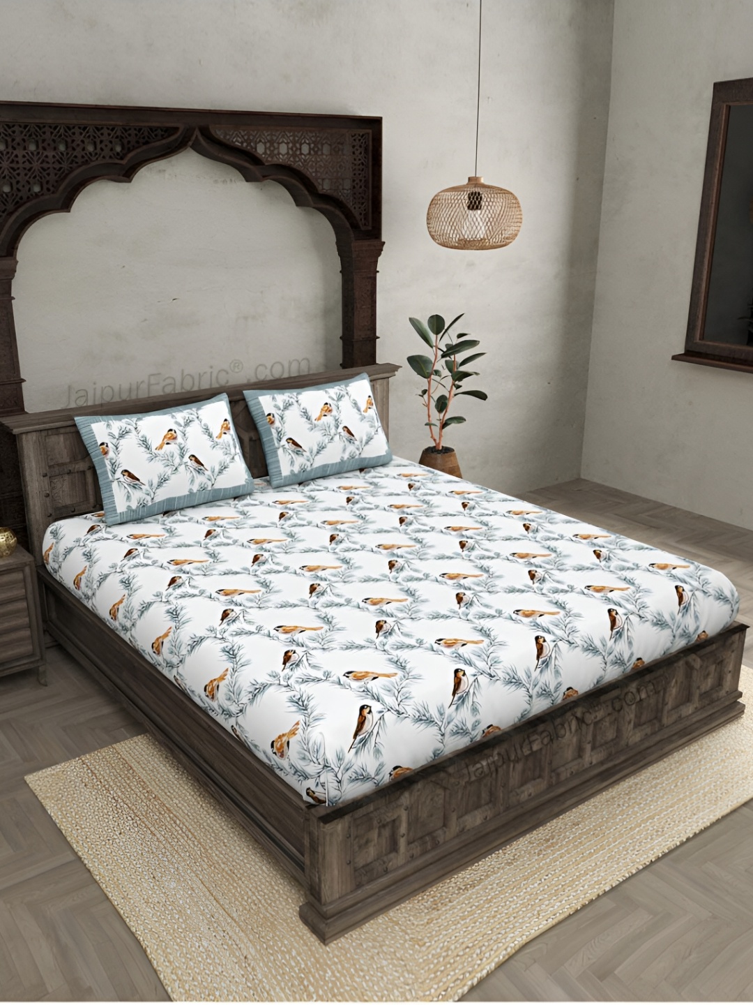 

JAIPUR FABRIC White & Black Floral 250 TC Pure Cotton King Bedsheet with 2 Pillow Covers