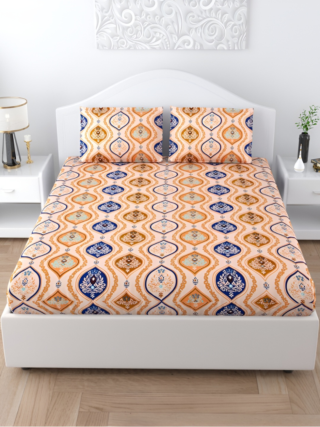 

JAIPUR FABRIC Blue & Orange Floral Cotton 160 TC King Bedsheet with 2 Pillow Covers