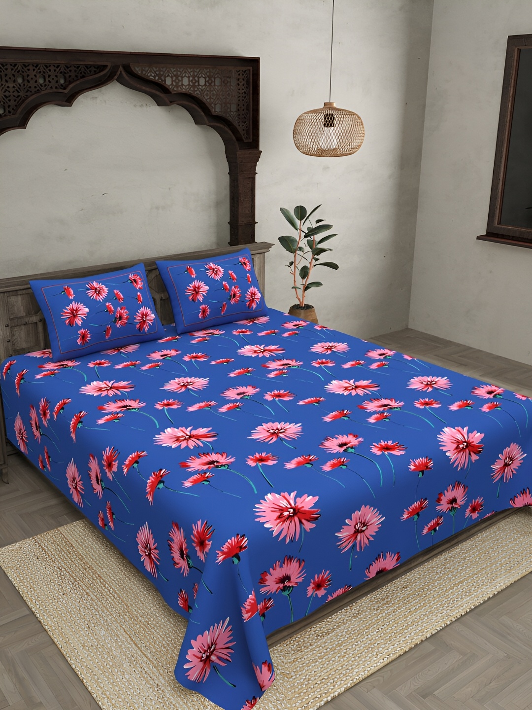 

JAIPUR FABRIC Blue & Pink Floral 144 TC Cotton King Bedsheet With 2 Pillow Covers