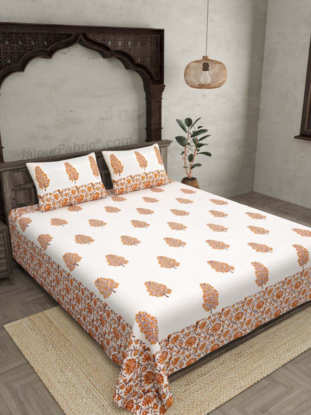 

JAIPUR FABRIC White & Orange Floral Cotton 250 TC King Bedsheet with 2 Pillow Covers