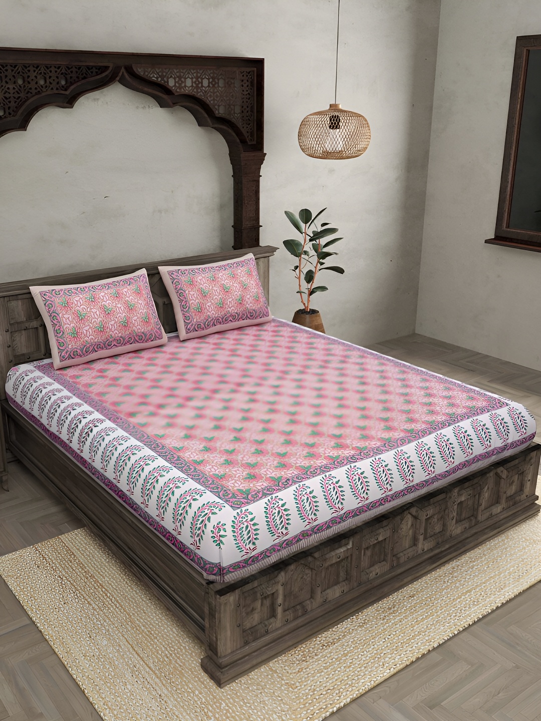 

JAIPUR FABRIC Pink & Green Floral 120 TC Cotton King Bedsheet With 2 Pillow Covers