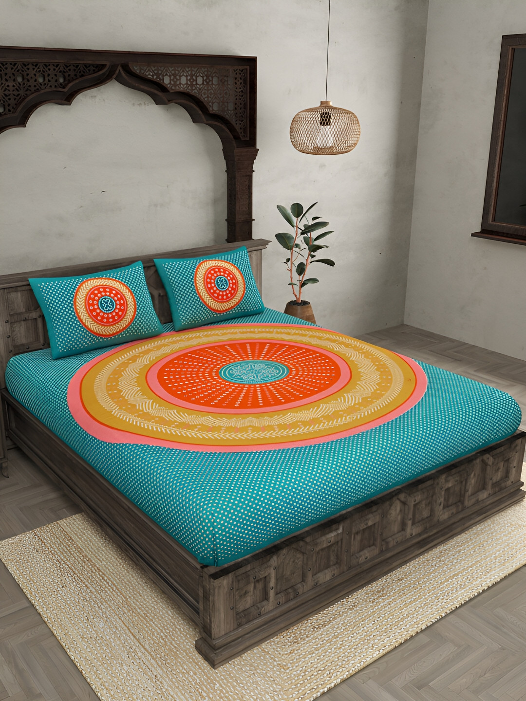

JAIPUR FABRIC Blue & Brown Ethnic Motifs 130 TC Cotton King Bedsheet With 2 Pillow Covers