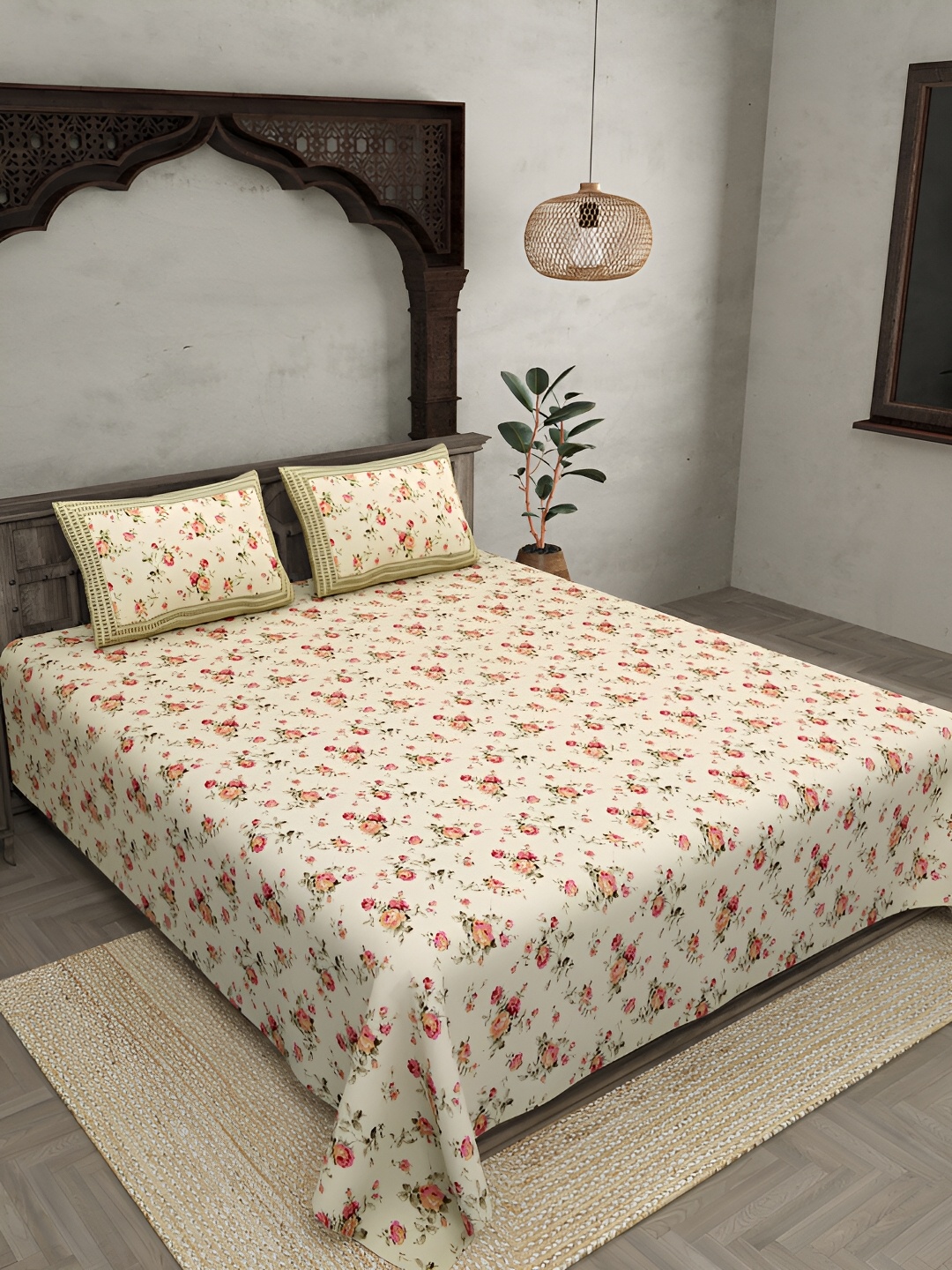 

JAIPUR FABRIC Cream & Pink Floral 250 TC Cotton King Bedsheet With 2 Pillow Covers