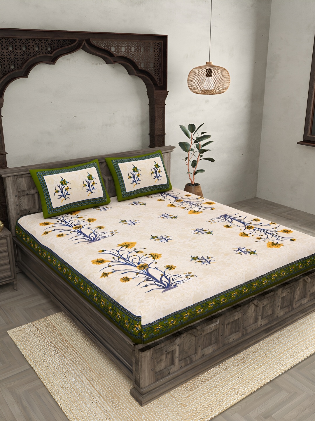 

JAIPUR FABRIC White & Green Printed Cotton 144 TC King Bedsheet with 2 Pillow Covers