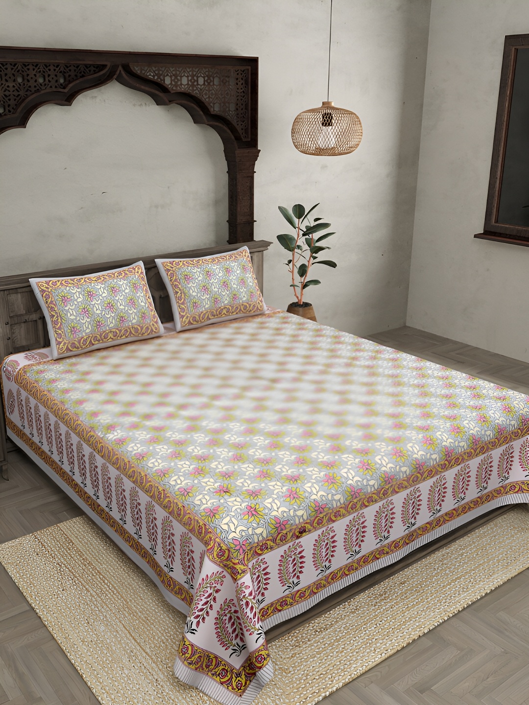 

JAIPUR FABRIC Green & Pink Floral 120 TC Cotton King Bedsheet With 2 Pillow Covers