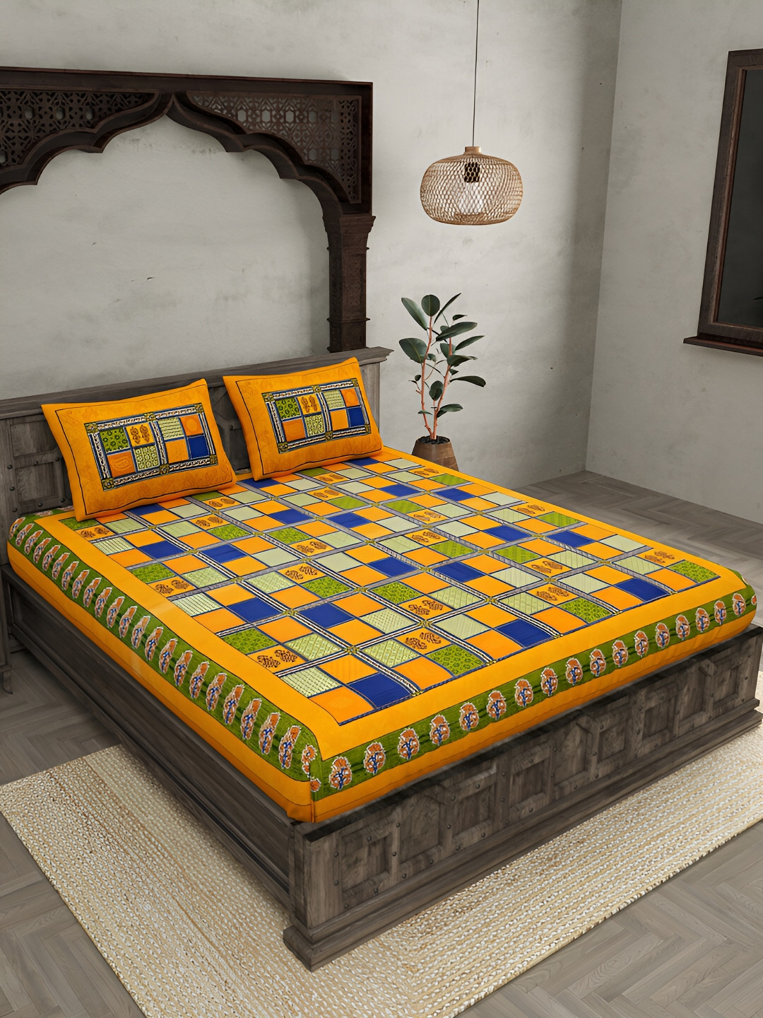 

JAIPUR FABRIC Green & Blue Floral 144 TC Cotton King Bedsheet With 2 Pillow Covers
