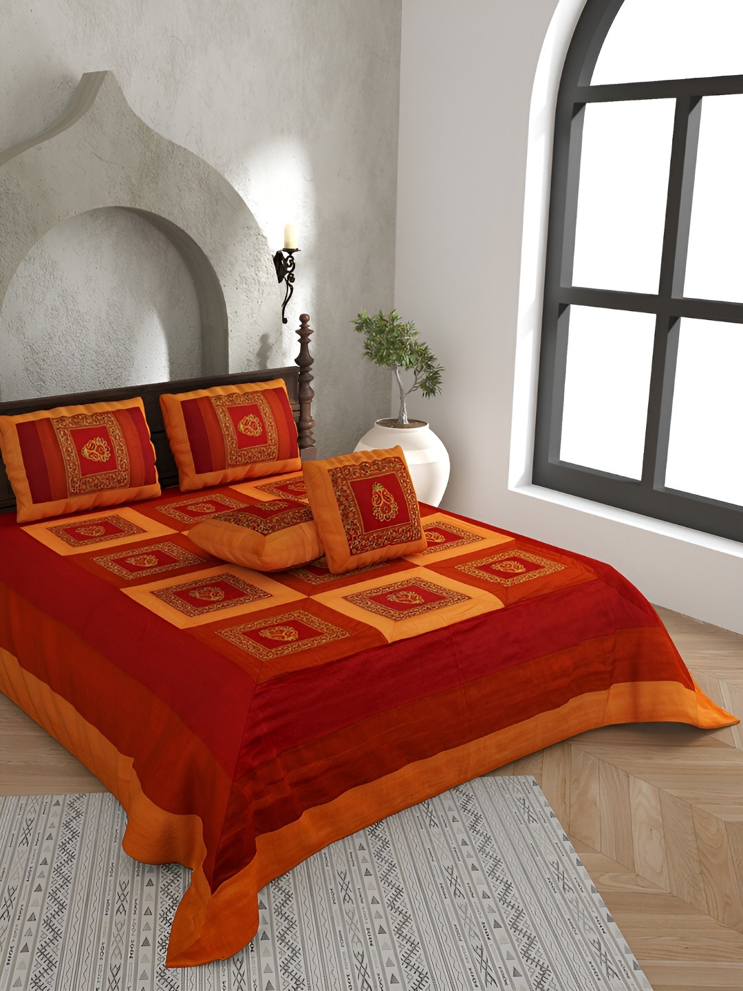 

JAIPUR FABRIC Red & Mustard Floral 250 TC King Bedsheet with 2 Pillow Covers