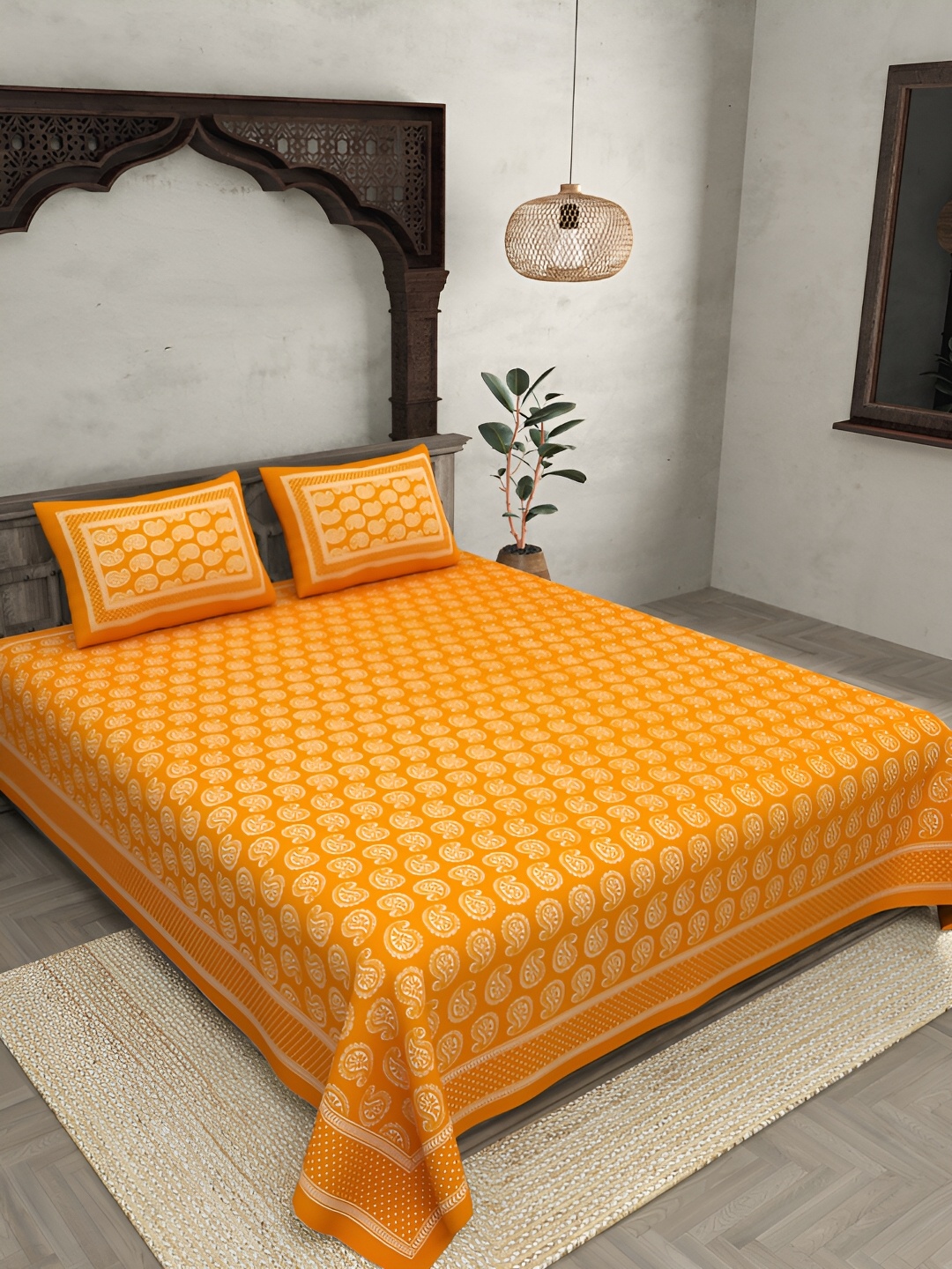 

JAIPUR FABRIC Yellow & White Floral 144 TC Cotton King Bedsheet With 2 Pillow Covers