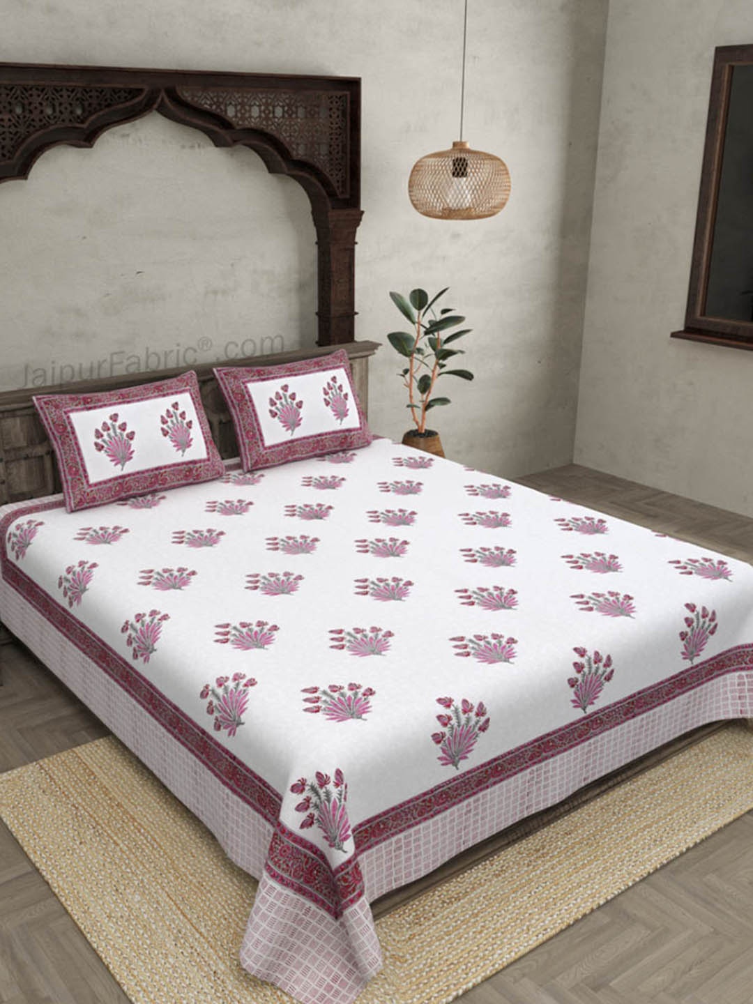 

JAIPUR FABRIC White & Pink Floral 250 TC Cotton King Bedsheet With 2 Pillow Covers