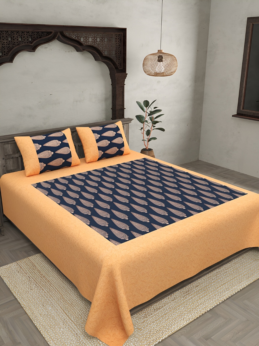 

JAIPUR FABRIC Blue & Orange Floral 120 TC Cotton King Bedsheet With 2 Pillow Covers