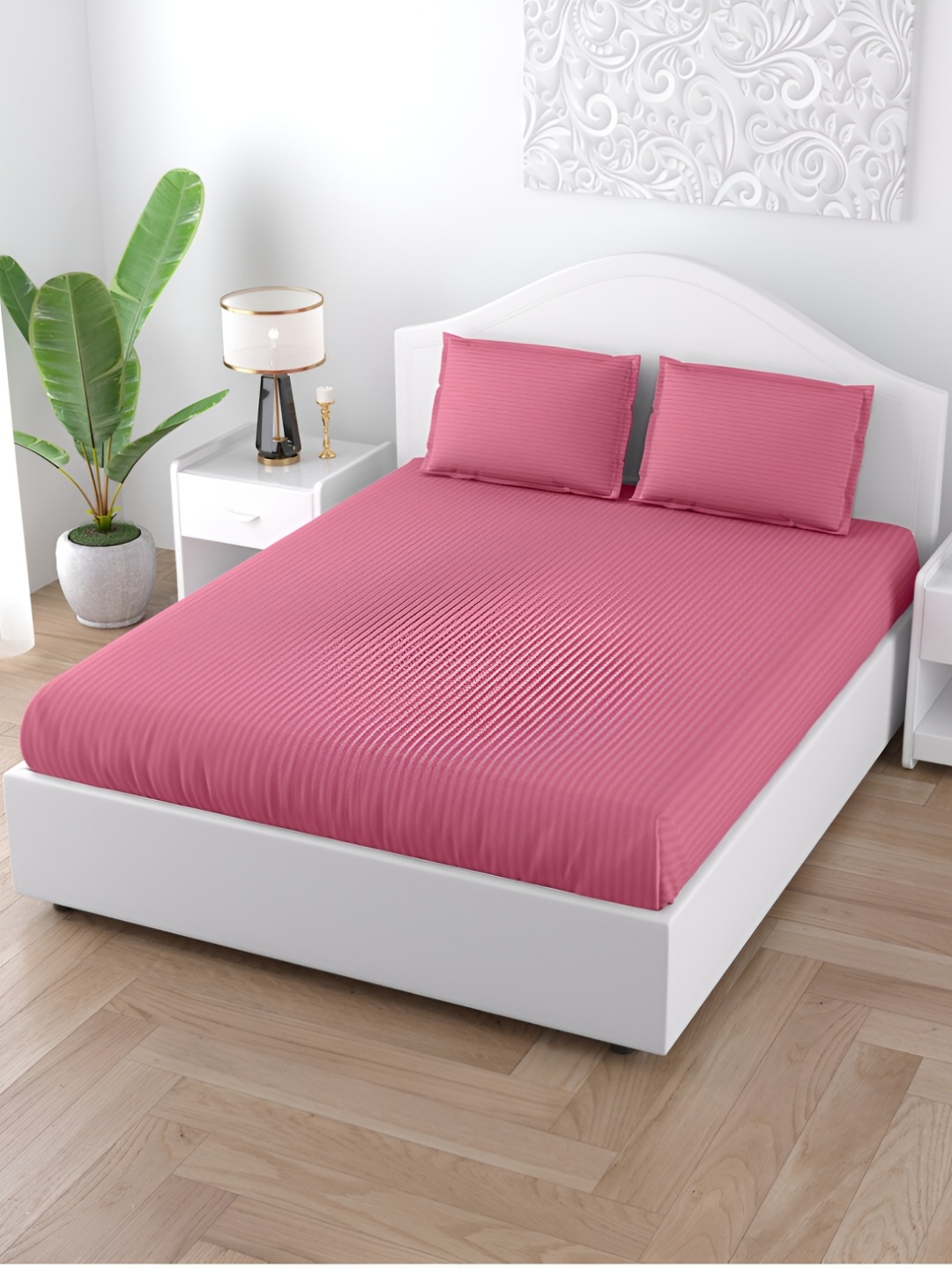 

JAIPUR FABRIC Pink Striped 330 TC Cotton King Bedsheet With 2 Pillow Covers
