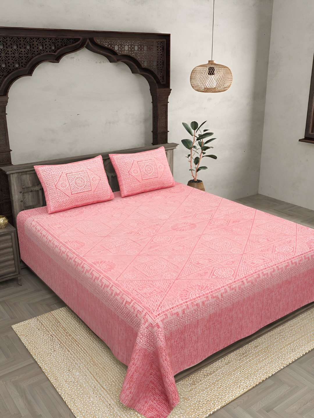 

JAIPUR FABRIC Pink & White Floral 160 TC Cotton King Bedsheet With 2 Pillow Covers