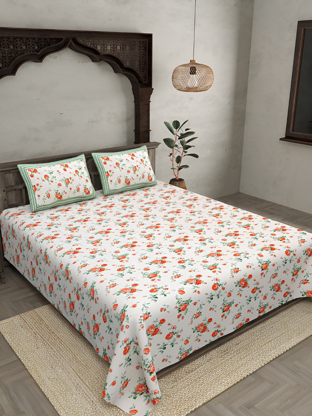 

JAIPUR FABRIC White & Green Floral 250 TC Cotton King Bedsheet With 2 Pillow Covers