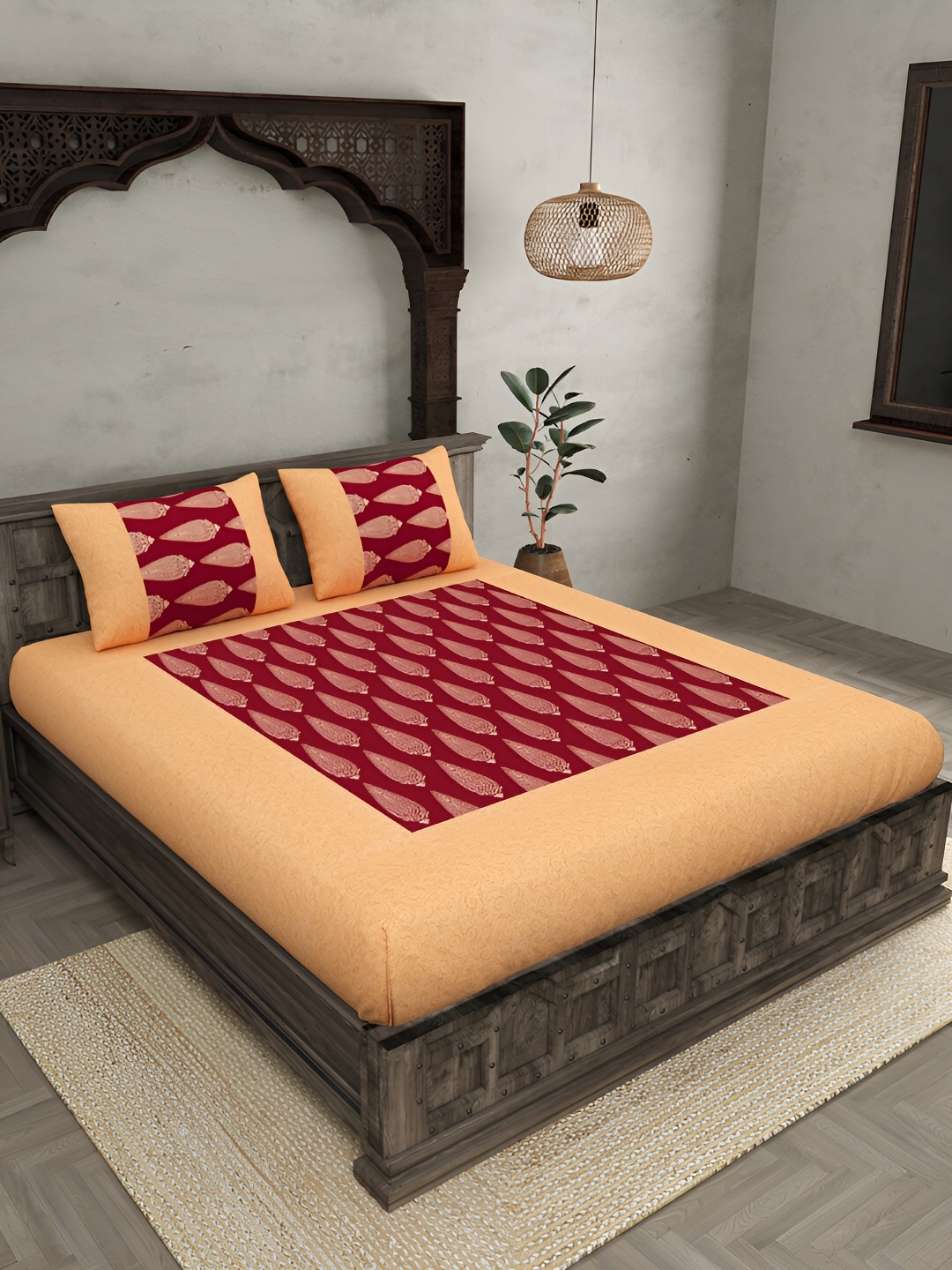 

JAIPUR FABRIC Red & Orange Floral Cotton 120 TC King Bedsheet with 2 Pillow Covers