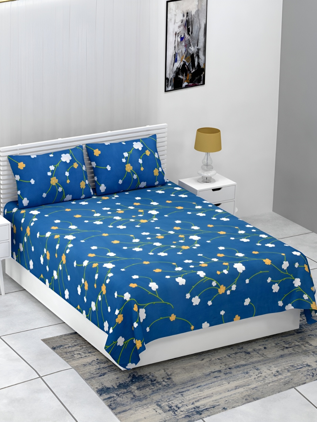 

JAIPUR FABRIC Blue & White Floral Cotton 210 TC King Bedsheet with 2 Pillow Covers