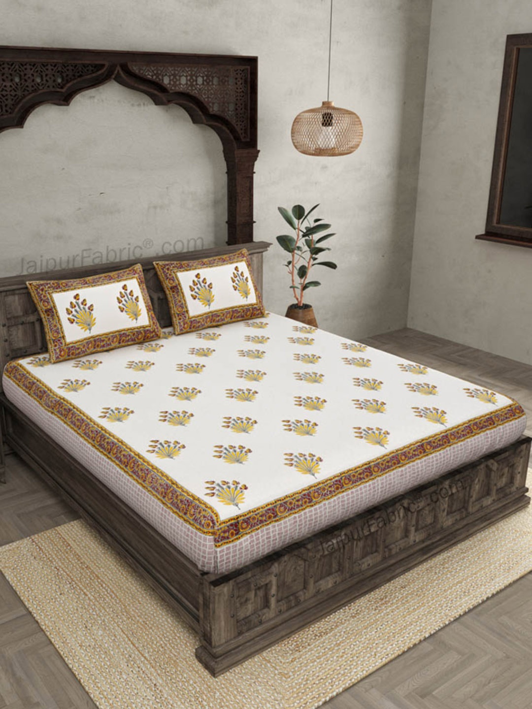 

JAIPUR FABRIC White & Yellow Floral 250 TC Pure Cotton King Bedsheet with 2 Pillow Covers