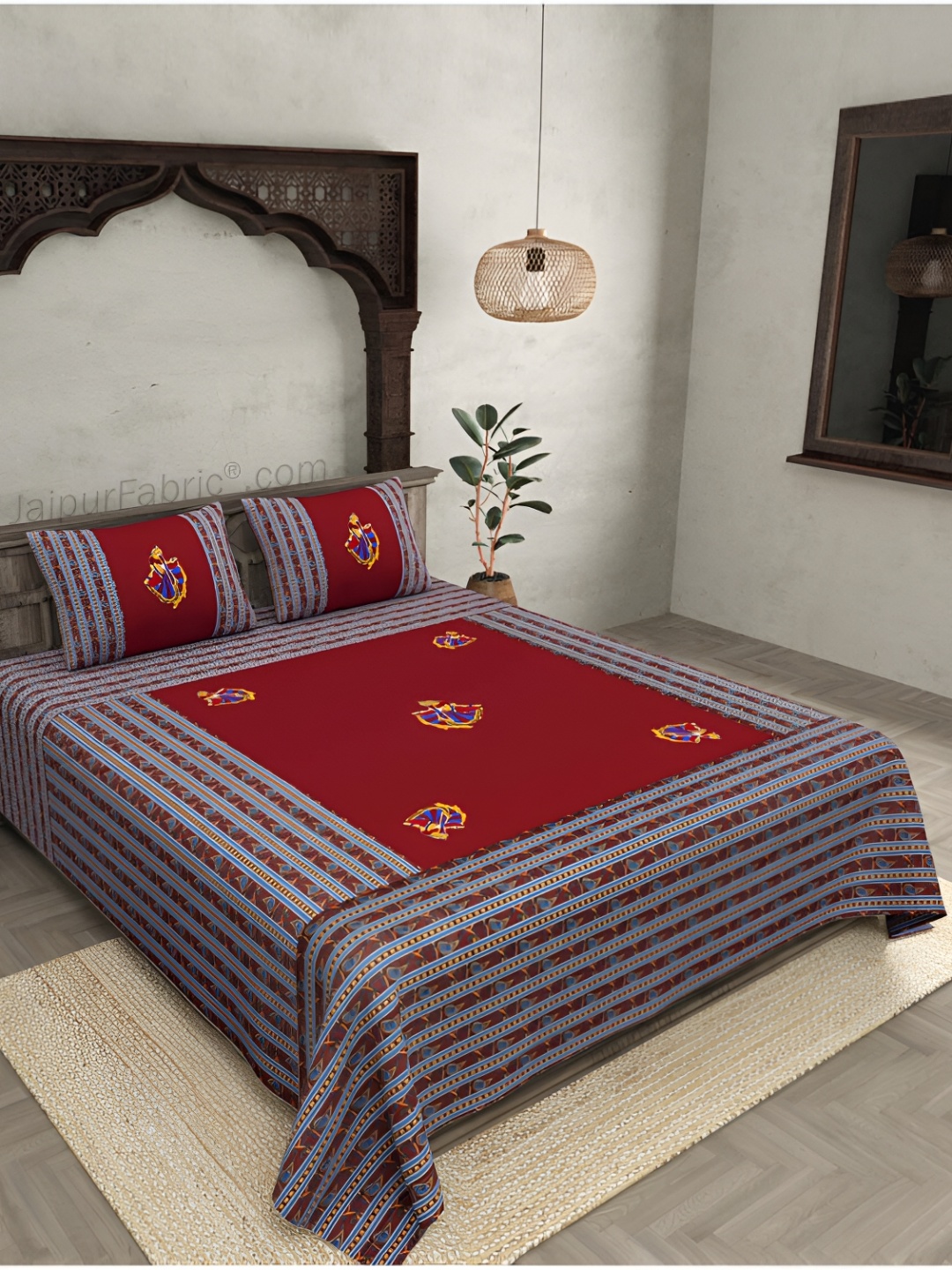 

JAIPUR FABRIC Red & White Floral Cotton 240 TC King Bedsheet with 2 Pillow Covers