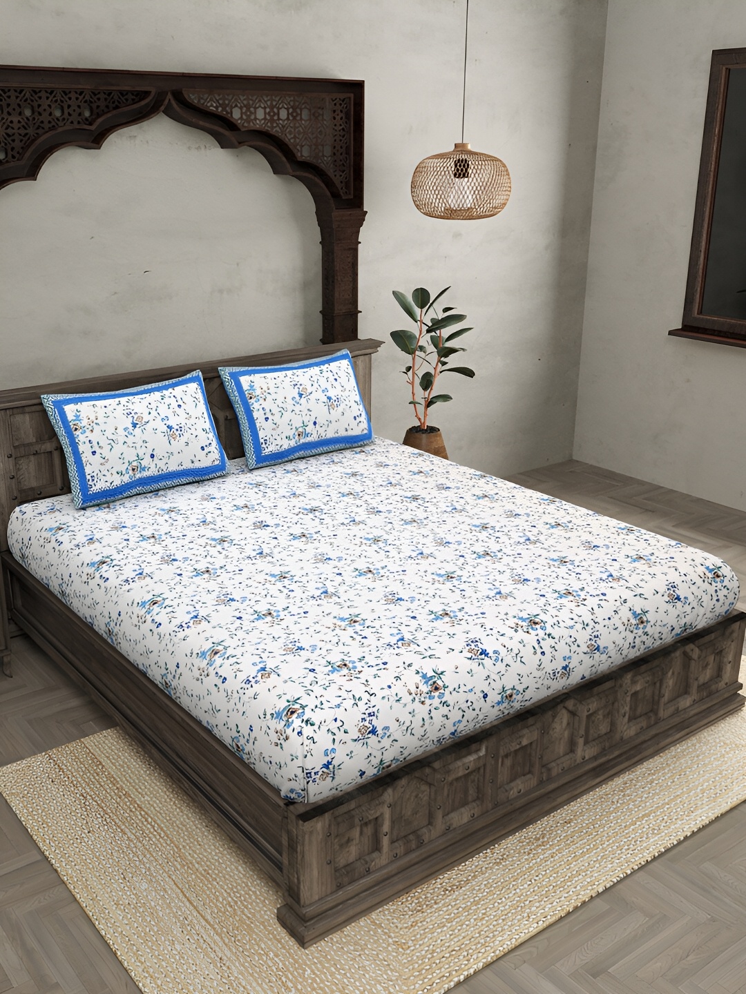 

JAIPUR FABRIC White & Blue Floral Cotton 250 TC King Bedsheet with 2 Pillow Covers