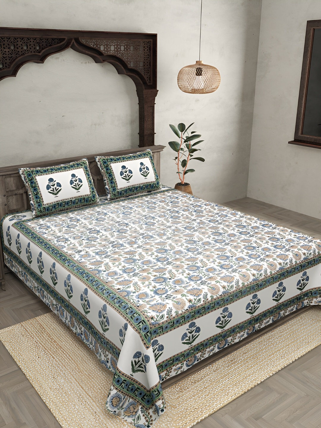 

JAIPUR FABRIC White & Blue Floral 210 TC Cotton King Bedsheet With 2 Pillow Covers