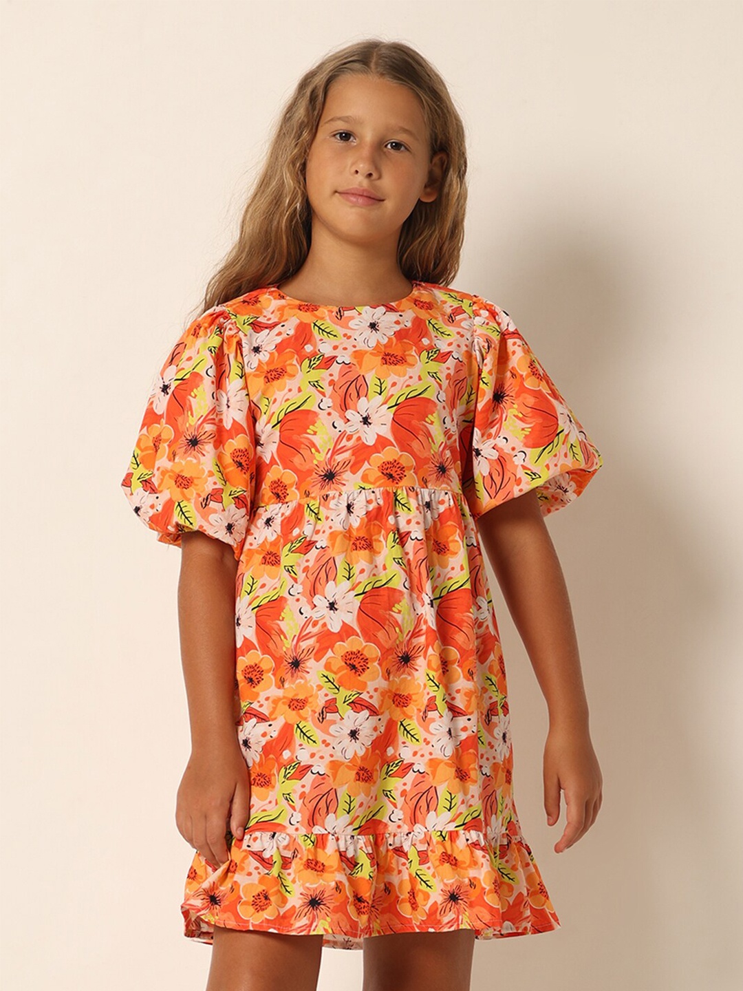 

Vero Moda Girls Floral Print Flared Sleeve Pure Cotton Fit & Flare Dress, Orange