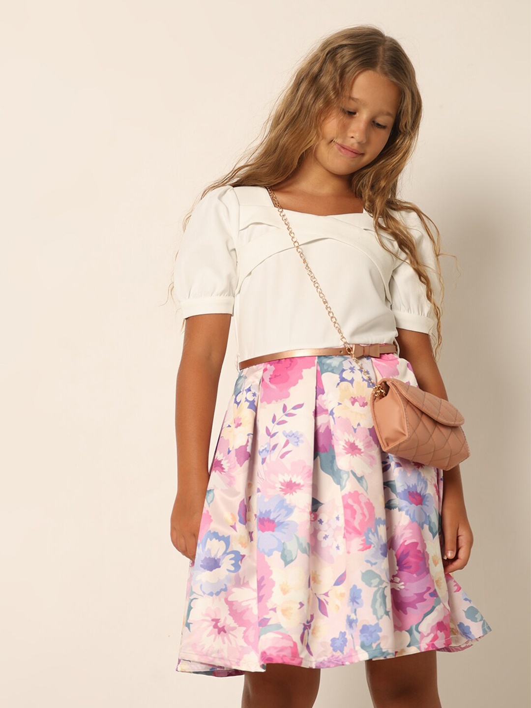 

Vero Moda Girls Floral Print Puff Sleeves Fit & Flare Dress, White
