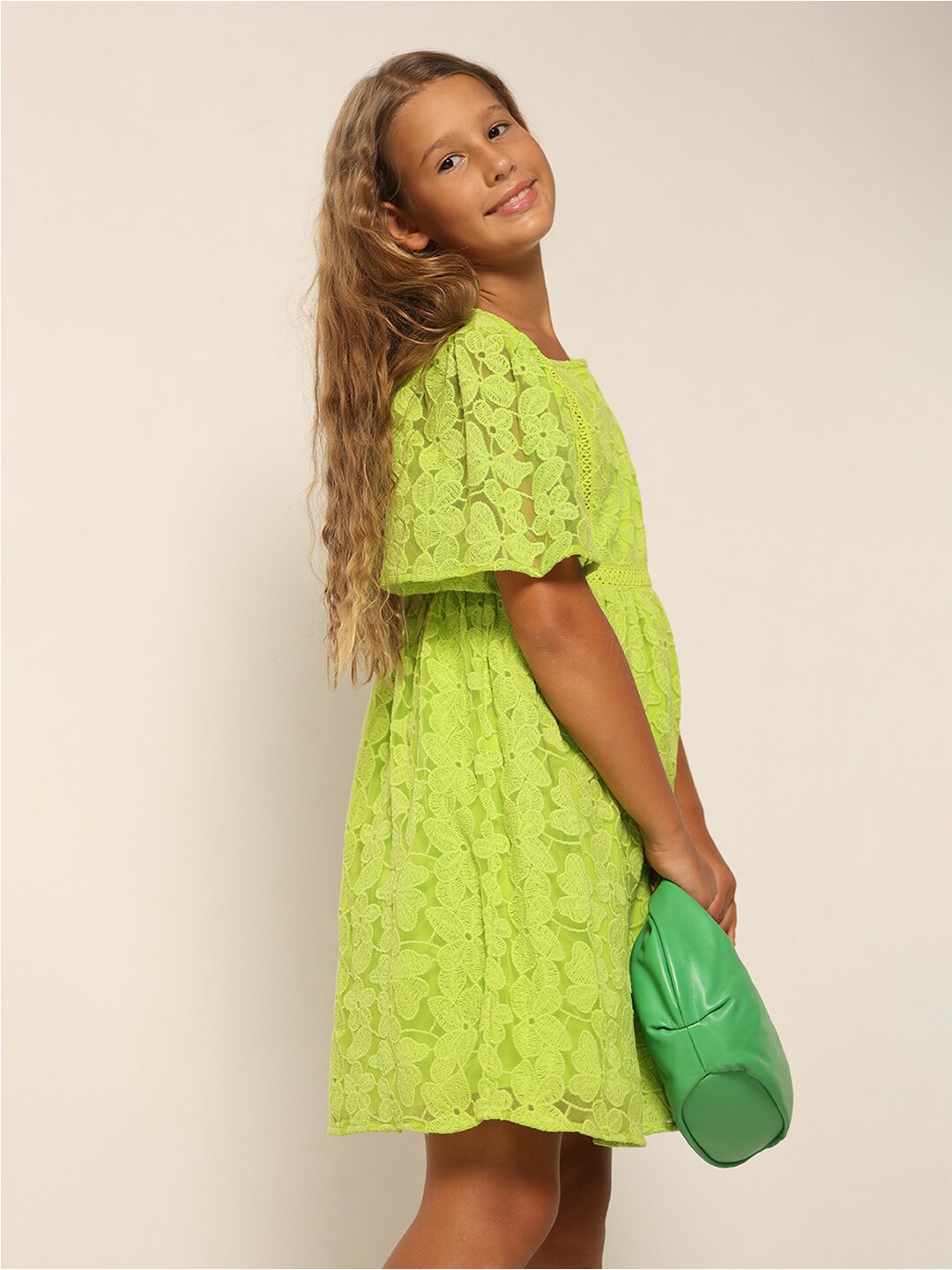 

Vero Moda Girls Floral Self Design Fit & Flare Dress, Green