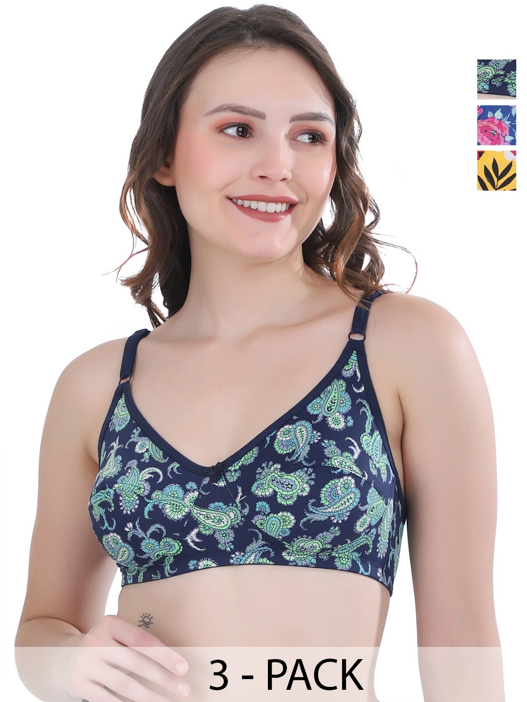 

Docare Pack Of 3 Floral Printed Full Coverage Non Padded Everyday Bra- All Day Comfort, Yellow