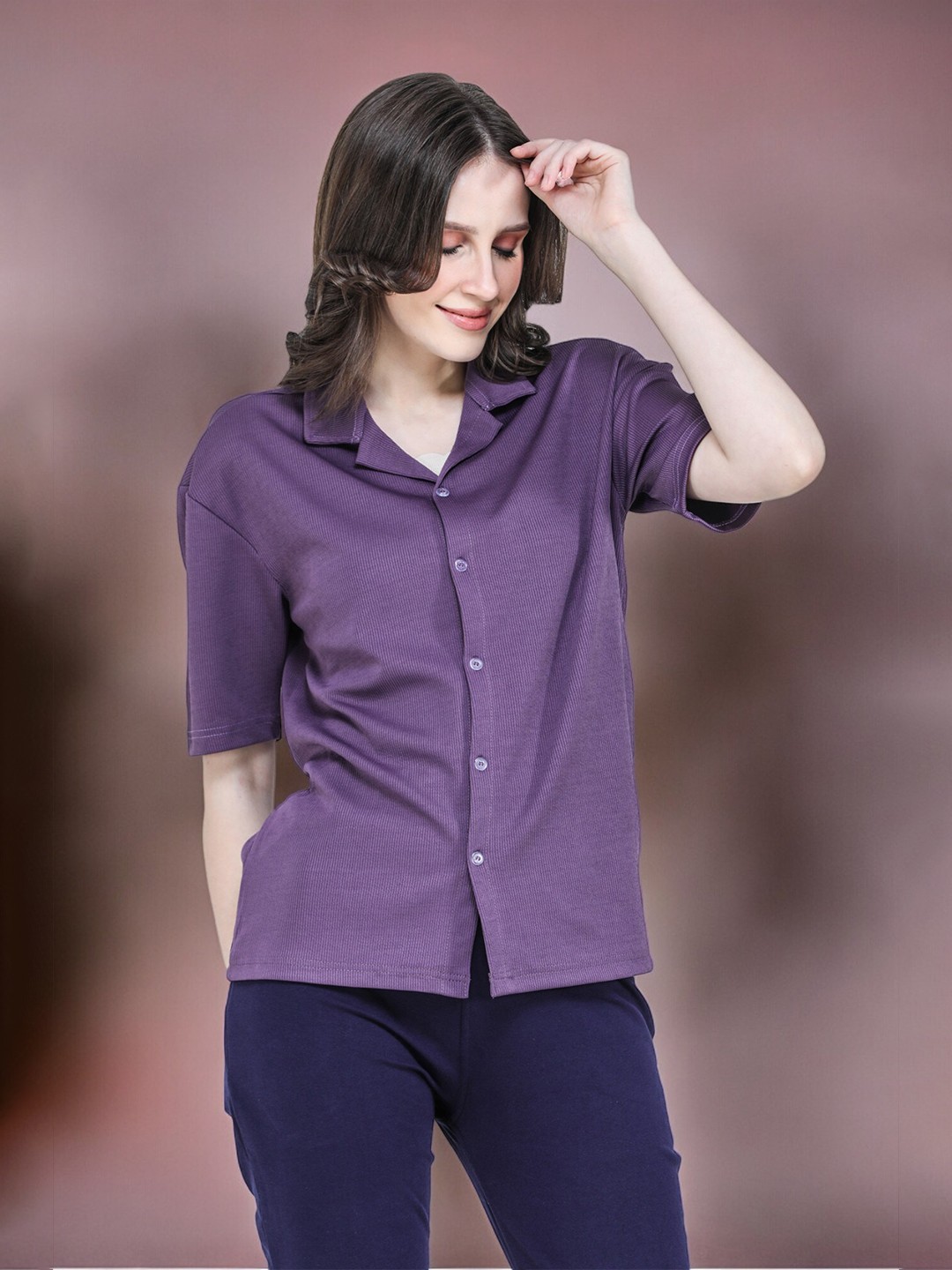 

CLAFOUTIS Crepe Shirt Collar Short Sleeves Shirt Style Top, Purple