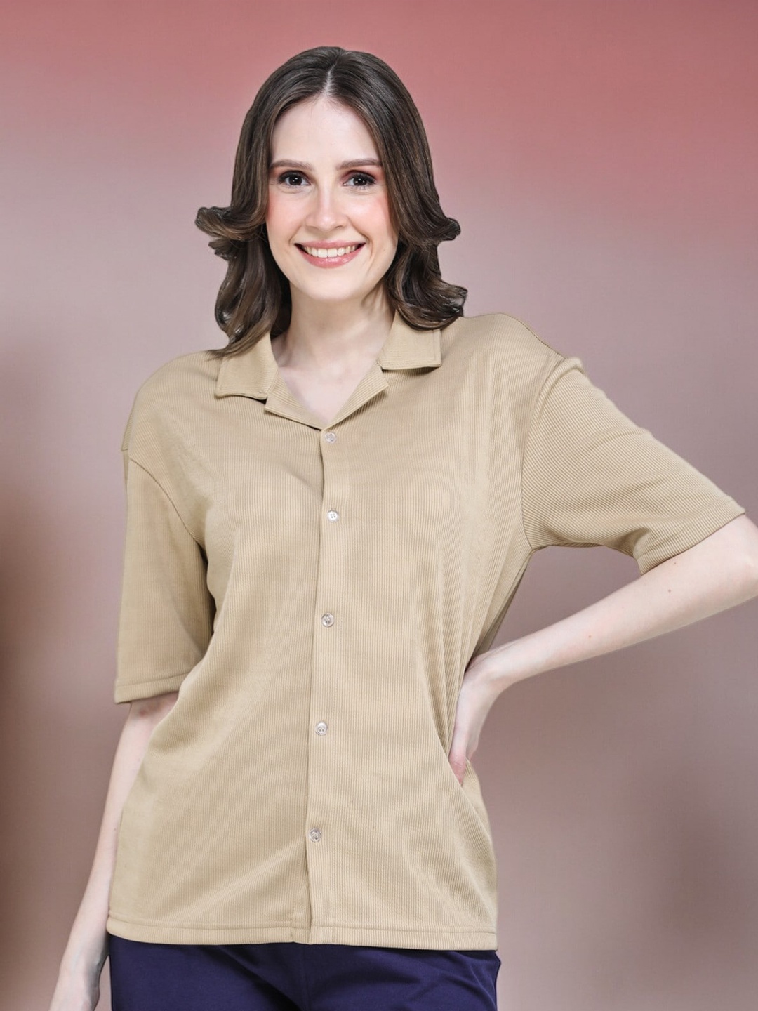 

CLAFOUTIS Crepe Shirt Collar Short Sleeves Shirt Style Top, Camel brown