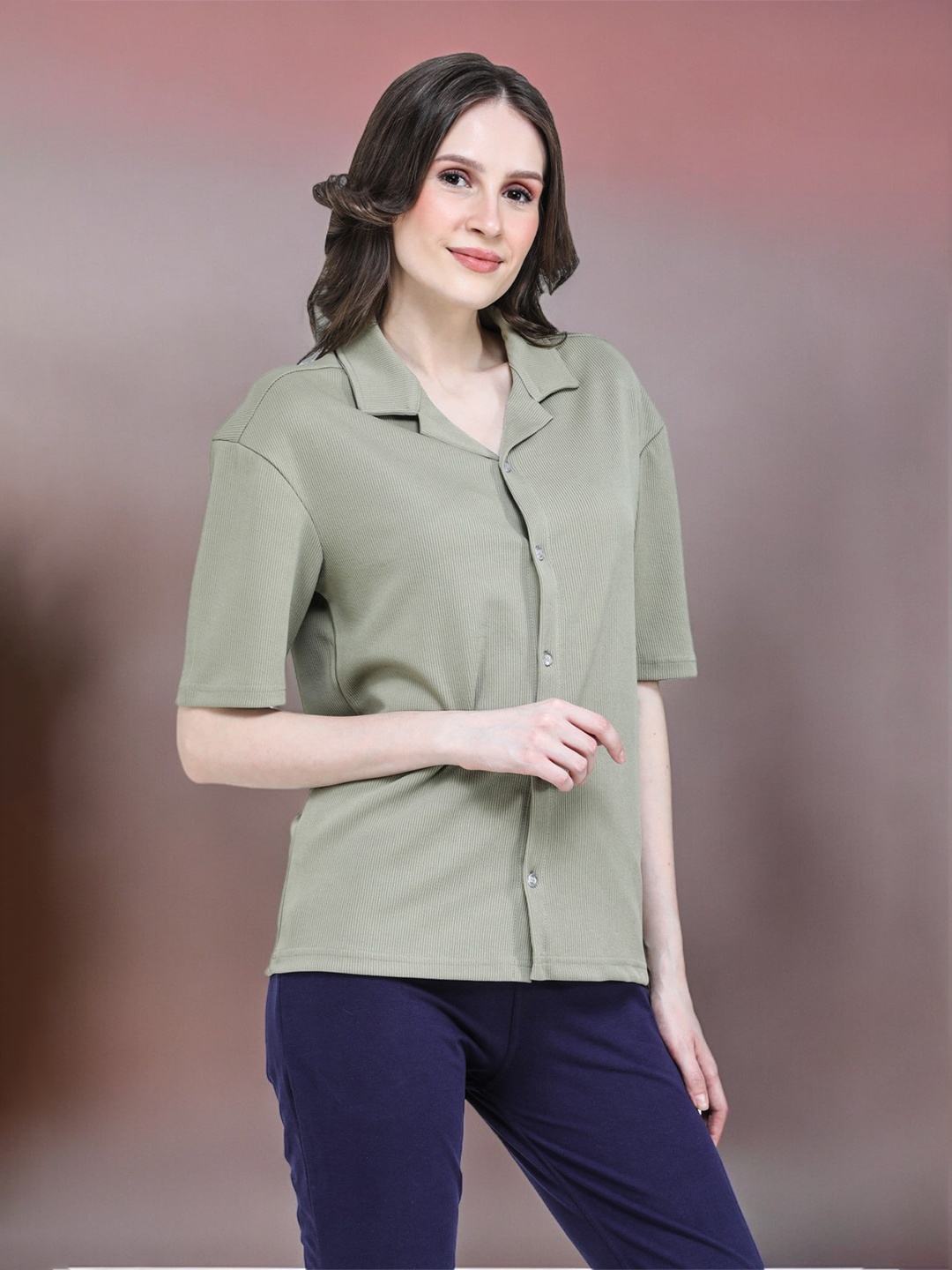 

CLAFOUTIS Crepe Shirt Collar Short Sleeves Shirt Style Top, Teal