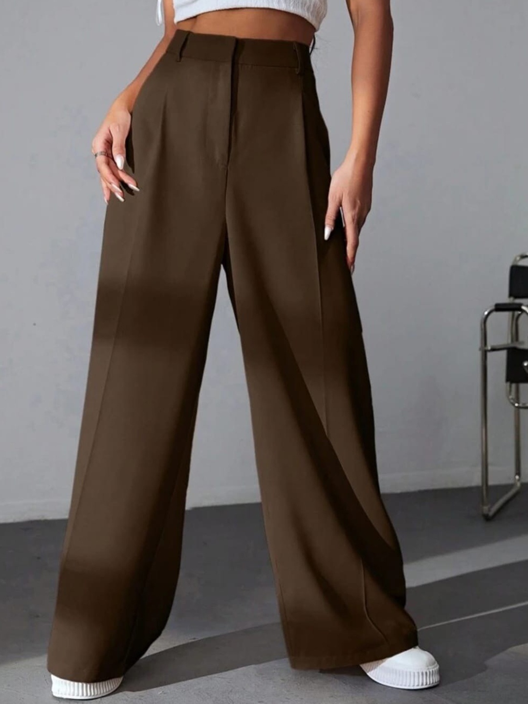 

Next One Women High-Rise Pleated Korean Trousers, Brown