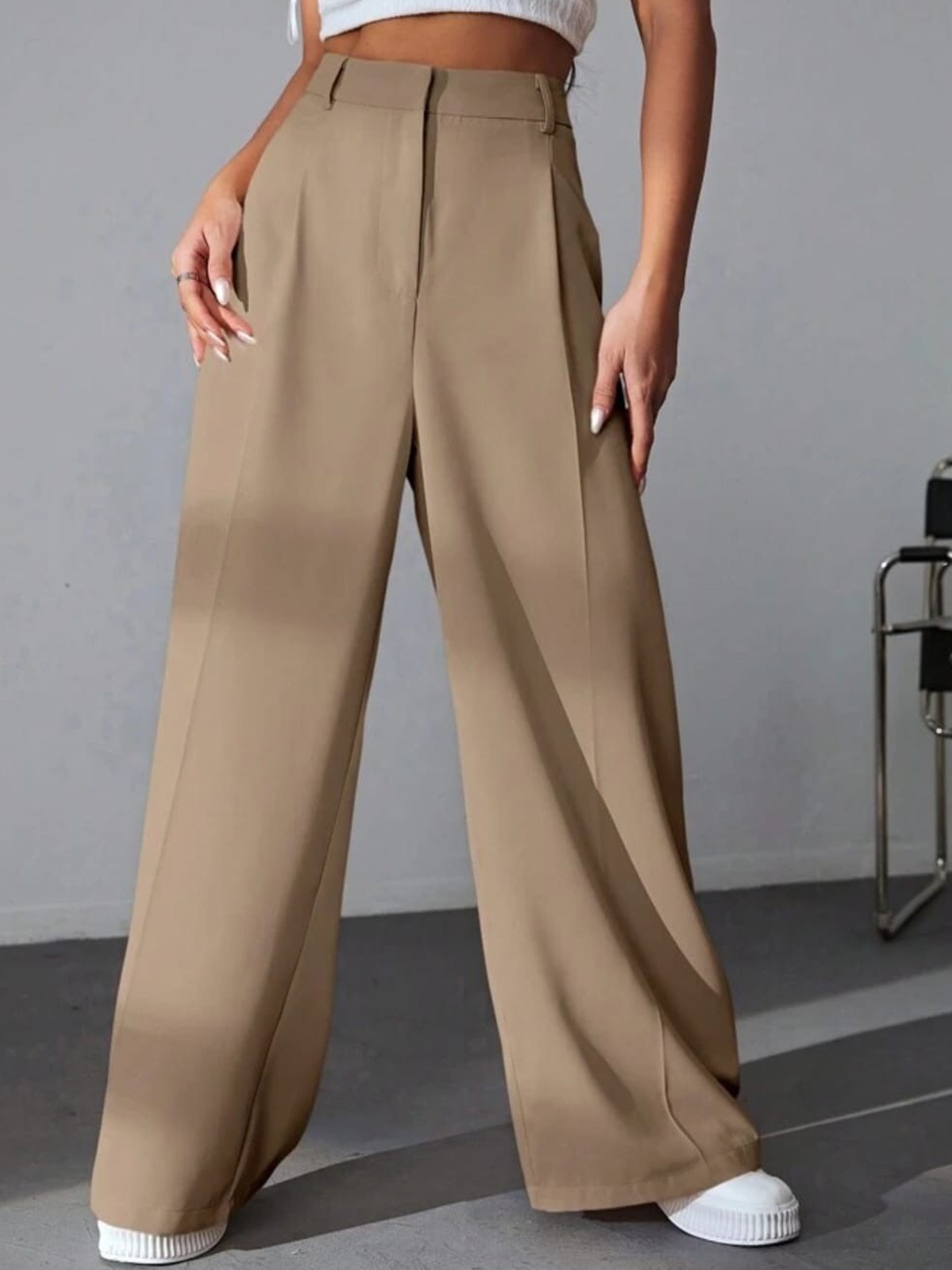 

Next One Women High-Rise Pleated Korean Trousers, Beige