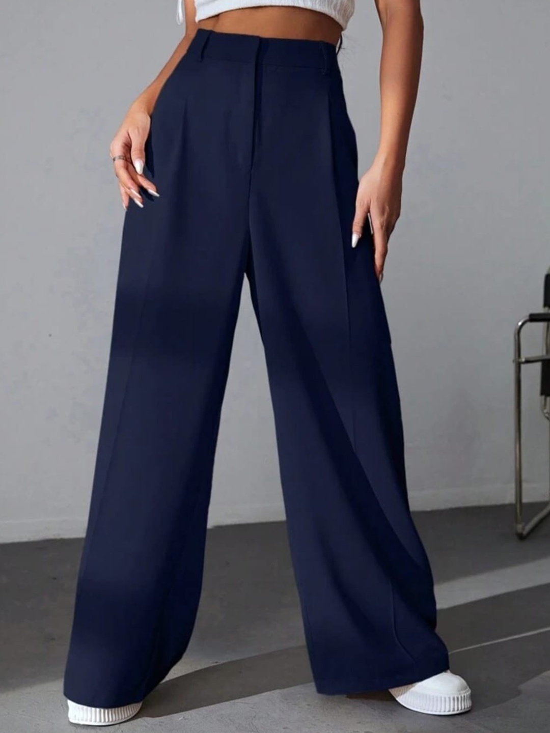 

Next One Women High-Rise Pleated Korean Trousers, Navy blue