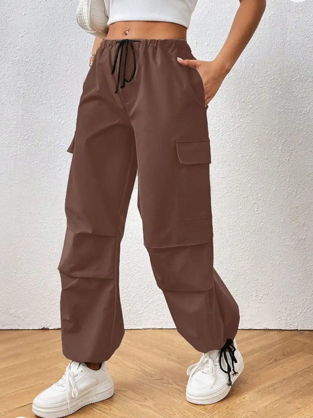 

Next One Women Smart High-Rise Baggy Fit Parachute Cargo Trouser, Brown