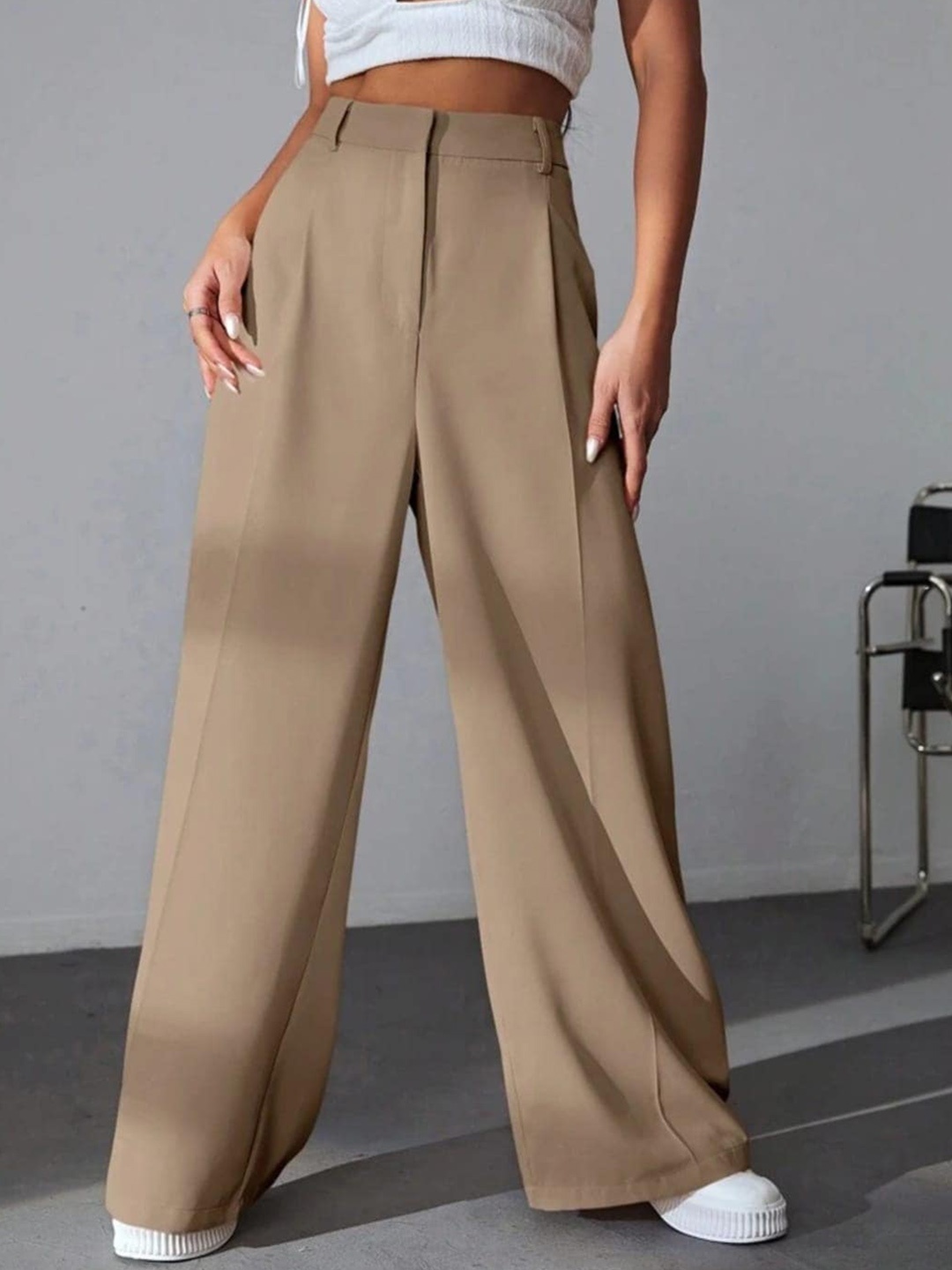 

Next One Women High-Rise Pleated Korean Trousers, Beige