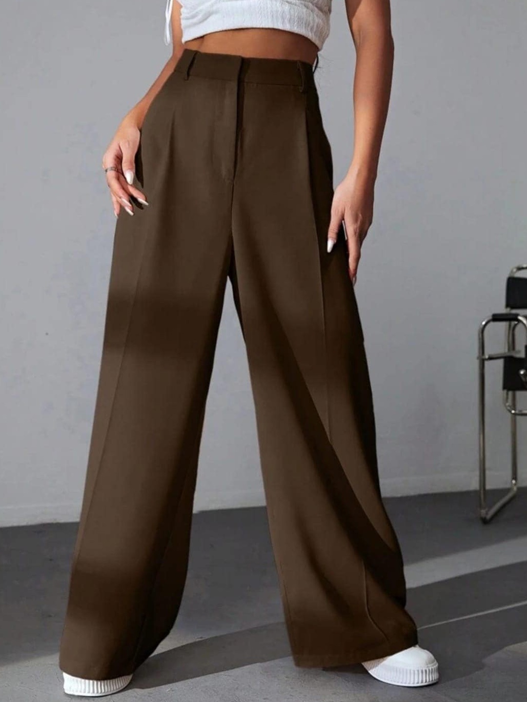 

Next One Women High-Rise Pleated Korean Trousers, Brown