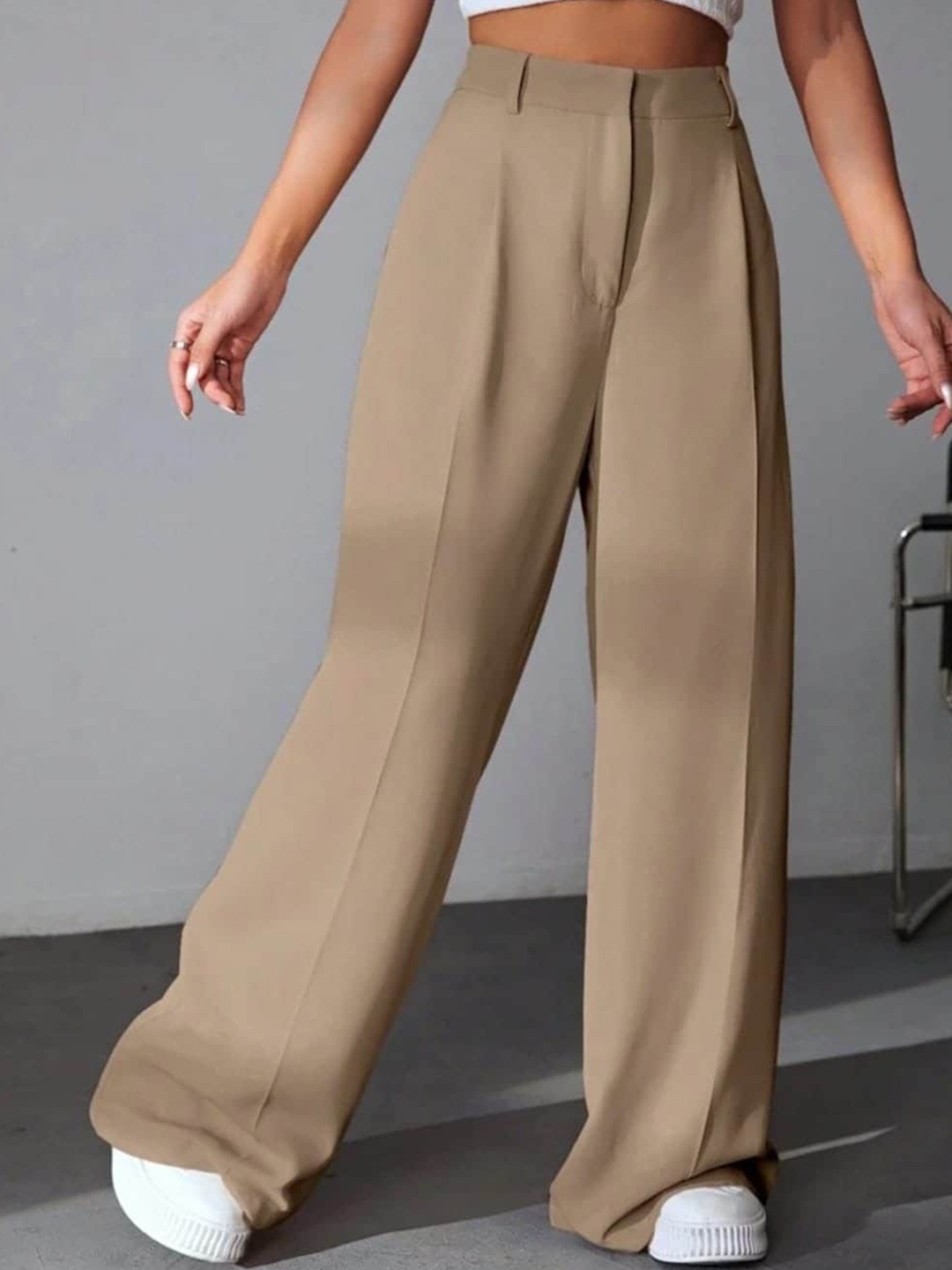 

Next One Women High-Rise Pleated Korean Trousers, Beige