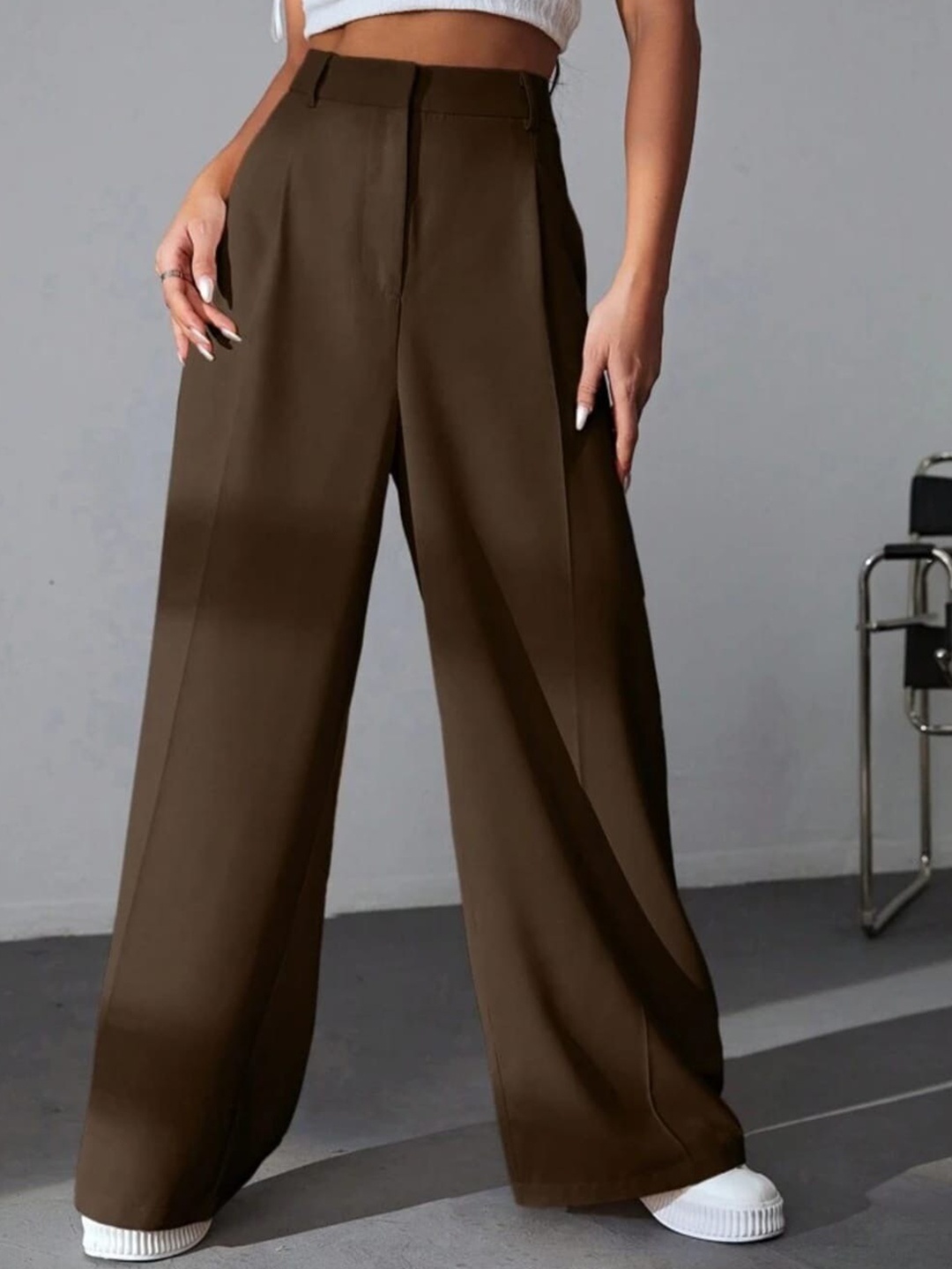

Next One Women High-Rise Pleated Korean Trousers, Brown