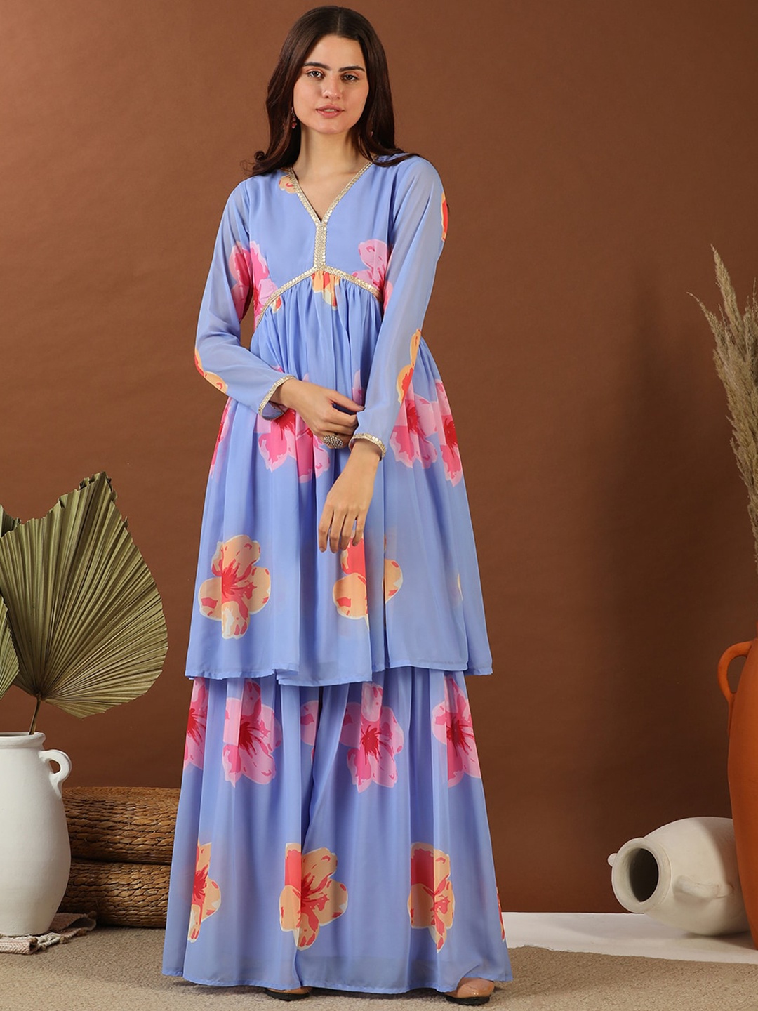 

MASSTANI BY INDDUS Floral Printed Empire Gotta Patti Kurta with Sharara, Blue