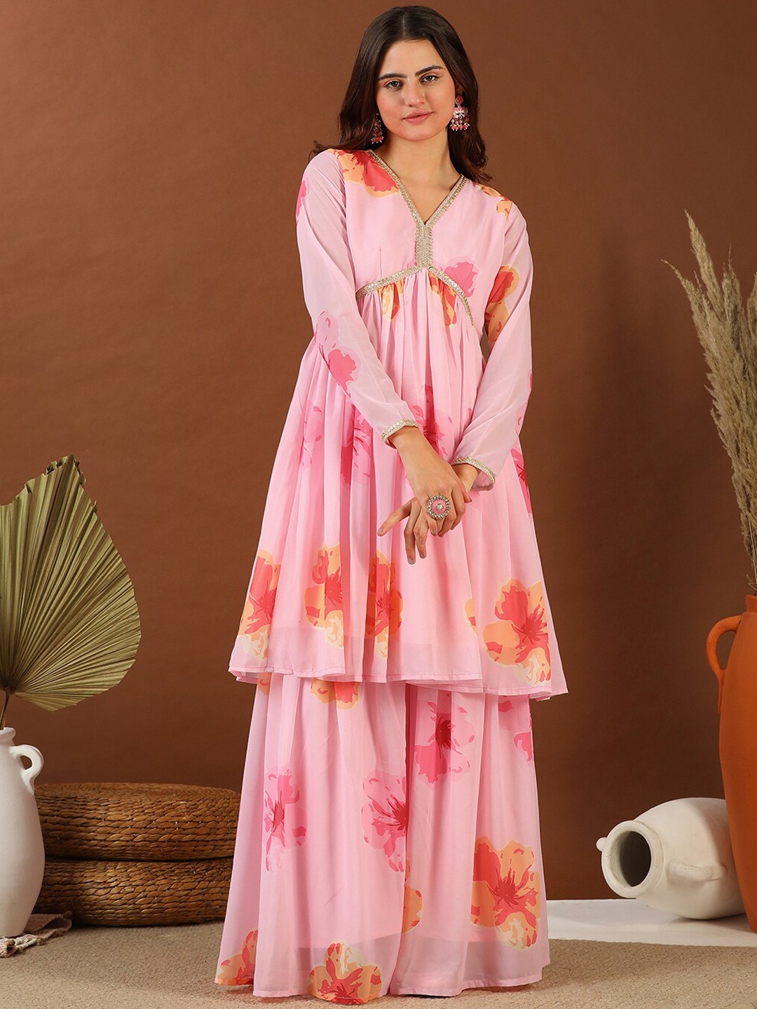 

MASSTANI BY INDDUS Floral Printed Empire Gotta Patti Kurta with Sharara, Pink