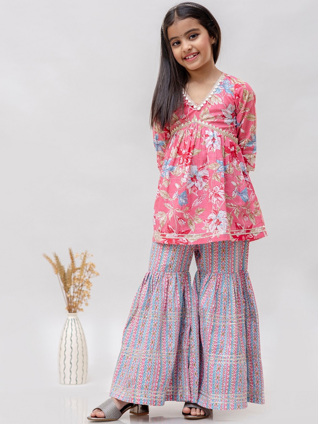 

BAESD Girls Floral Printed Regular Gotta Patti Pure Cotton Kurti & Sharara, Pink