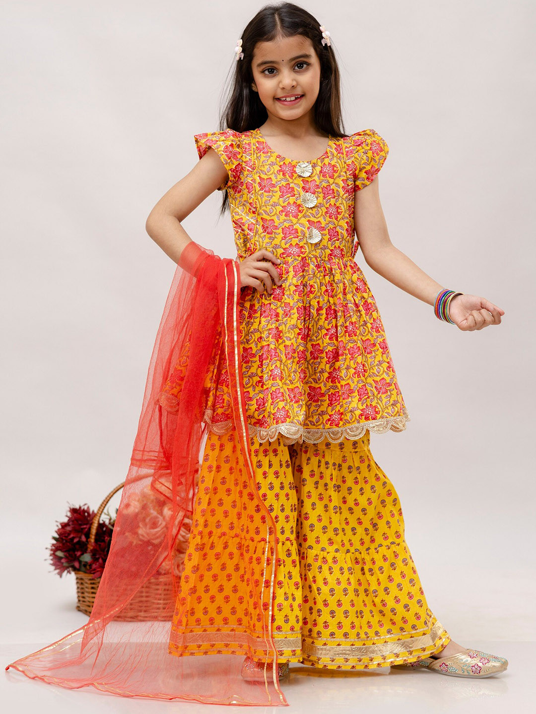 

BAESD Girls Floral Printed Regular Gotta Patti Pure Cotton Kurta With Sharara & Dupatta, Yellow
